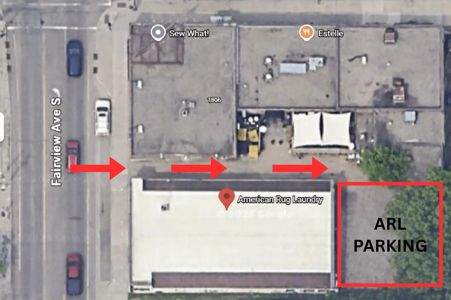 For parking at American Rug Laundry in St. Paul, MN, additional parking is available behind the building via the alley directly on the north side of our storefront, should the front parking be full.